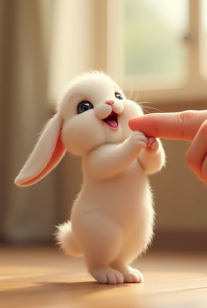 "A small fluffy Bunny 
hanging onto a mans finger with its tiny hands, playfully swinging."