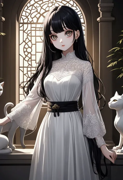 white skin,  chic impression , Cat statue, Big eyes without double eyelids , smart nose, See-through bang bangs ,  Make a female character with long black hair waves that reach the waist.