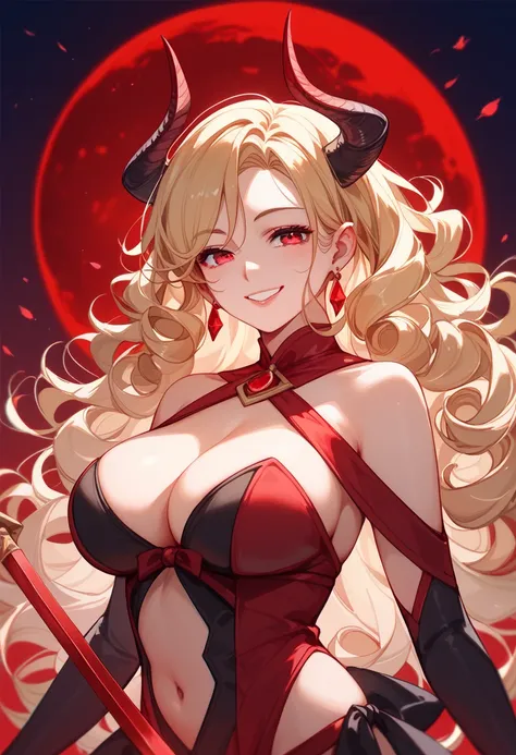  score_9,  score_8_up,  score_7_up,  1 girl, Alone,  long curly hair、Fair skin、Red Sword、Blonde、 succubus、best breasts 、Big Breasts、wing、 red eyes、Plump、Best body、whole body、whole、Smile、Beauty、 sexy、Red Moon