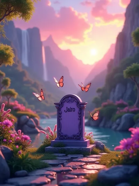 Create a very beautiful garden with waters, waterfalls, mountains and a sky with sunsets, a single tombstone purple inthe center, four butterflies flying around and on the headstone of the name Jairo 4K 3D realistic lighting and blurring, give me the best ...