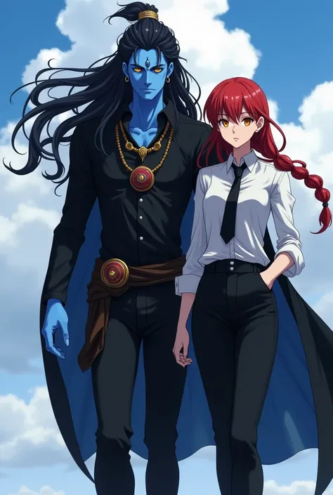 Anime Lord Shiva who has long jatahdhari flowing hairs sky blue skin wearing black shirt, black pants, black cape is walking with a women name Makima who is a young woman with yellow eyes ringed with red concentric circles, and long red hair tied in a sing...