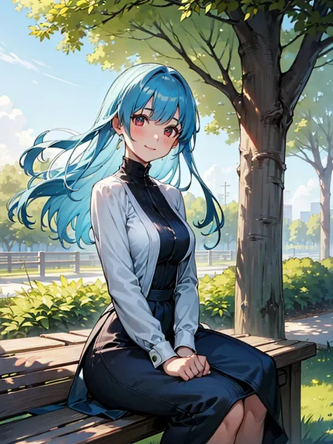 (​masterpiece、top-quality、hight resolution、Unity 8k、extremely details CG:1,Best Picture),((Light blue hair)), red eyes, Upper body, "A captivatingly beautiful young woman with a radiant, innocent smile, captured in a serene moment outdoors. She is sitting ...