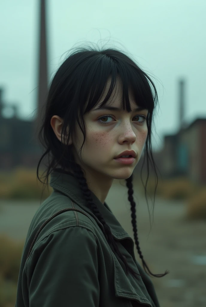  A young woman in a post-apocalyptic world is positioned in a desolate setting,  with abandoned industrial buildings in the background and a cloudy sky , giving a dark tone to the scene .  She has slightly disheveled black hair , a fringe framing her face ...