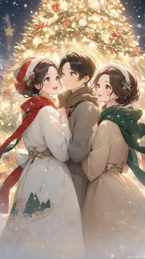 （masterpiece、high quality、High resolution、detailed、８k)、A Japanese couple in their 20s（Beautiful young man and beautiful woman、Beautiful eyes、Smooth Hair）、At the glittering Christmas market、Two people sideways、While staring at each other、Make eye contact、La...