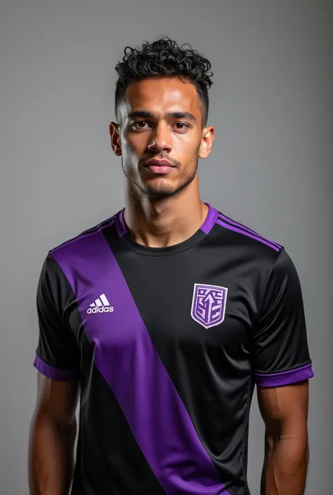 Brian Ruiz wearing a black and purple soccer shirt