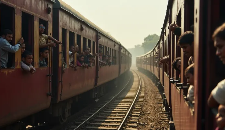 "A dramatic scene of an Indian train coming to an abrupt halt as someone pulls the emergency chain. The crowded compartment is filled with surprised and curious passengers, some standing up from their seats to look outside, while others peer through the ba...