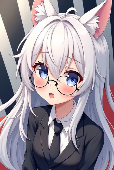 The white-haired anime character, with rather long hair, with cat ears, wears round framed glasses, wears a black and white shirt similar to a suit, asks for a striped anime.