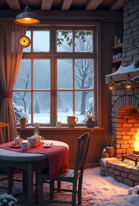 Inside a empty Cottage cafe on a snowy day with fireplace crackling and hot coffee on tables