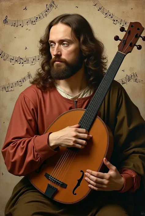 Leonardo da Vinci with a lute in his hand with his own musical notes around him 

