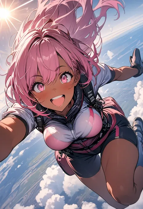 ((Best Quality)), ((masterpiece)), (detailed), 1 girl, pink hair,  pink eyes, dark skin,  medium breasts,jumping out of a plane to go skydiving, wearing a parachute, happy, background shining sky