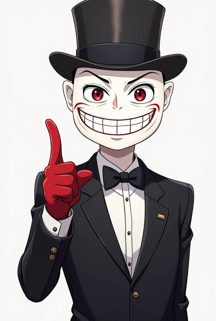 Make me an anime character, That he has the
 Face of the TrollFace of the meme ,  that the body is white and a single hand is red,  that in a mocking pose and with the finger down , for profile picture, Let him have an elegant suit and a top hat