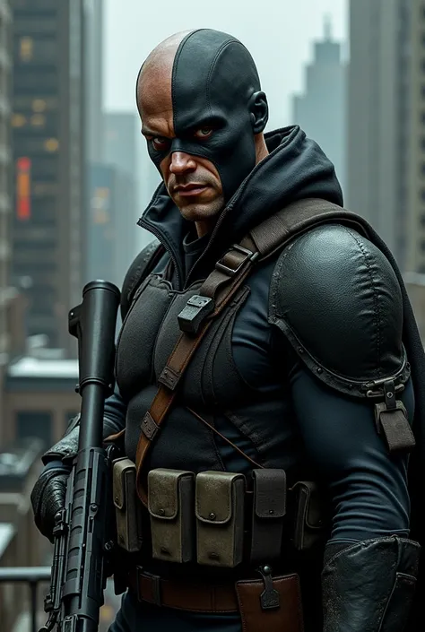 Deathstroke DC character  hazel eyes wearing cosplay old school costume upper portrait in Gotham city rooftops wearing military tatical gear armed with assault rifle 