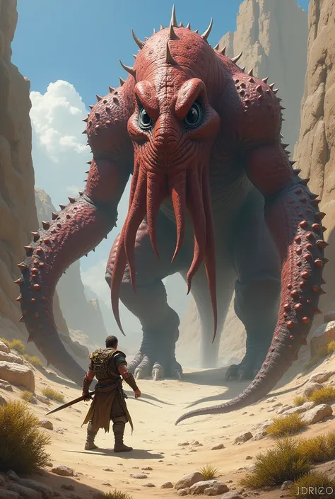  Octopus dinosaur monster, bushy prickly ,  face to face with one human carrying a sword,  On arid rocks 