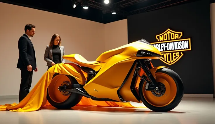 "A striking image of the futuristic 2025( 2025 Harley Davidson VR2:) partially draped in a bold yellow cloth featuring the iconic Harley Davidson logo. The motorcycle shines in a vibrant finish, with sleek, streamlined curves that highlight its modern desi...