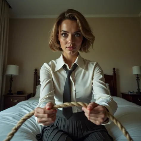 A really low-angle worm’s-eye portrait photo from below, of a pretty 1 Caucasian French western woman in a plain hotel bedroom. She has short light-brown hair in a bob. She is wearing a very tight white button-up shirt, a dark-grey tie, and a dark-grey ple...