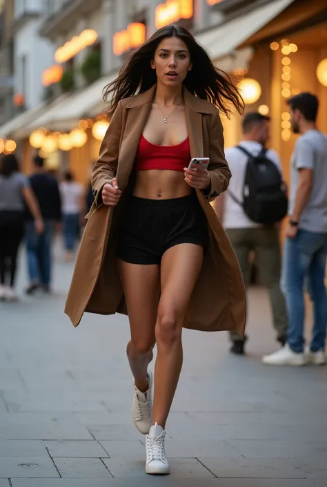 full lenght of a very skinny afro american woman, wearing white stiletto, long black sport shorts (big hips), red brassiere, and a long brown vintage trench coat, posing like a model, long hair, her body leaning slightly forward. Her wide brown eyes are fo...