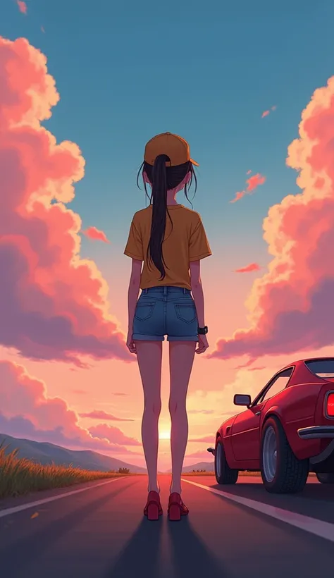 A Anime Girl Standing With A Car Wearing Short Jeans, Yellow T-shirt And A Cap In Head , Long Ponytail Hairs, A Very Very Beautiful Aesthetic Nature View, Unreal Nature, Clouds , Red Gradient Aesthetic View, Anime Style Image,  Detailed Image, View From Fa...