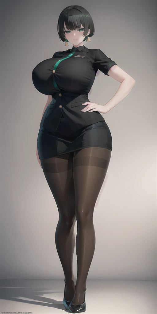 SFW, (Matte texture), full body, standing, 1 Secretary to support the viewer, ALLMIND, smug, naughty smile, (black hair), (short bob), earring, (green eyes), (tall and slim), (sensual body), (stocky build), (gigantic huge breasts), (extremely thick thigh),...