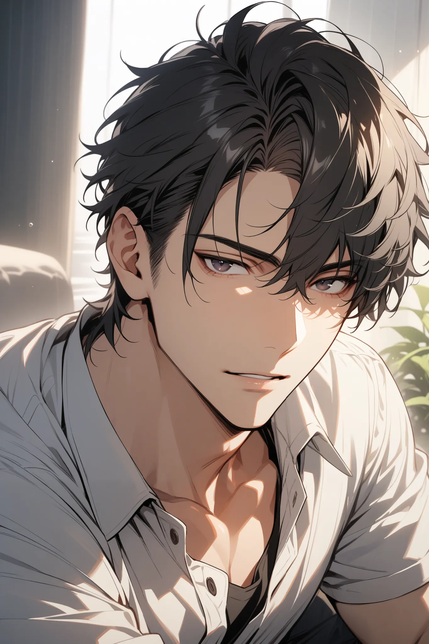 man, handsome, short black hair, dark eyes, shirt