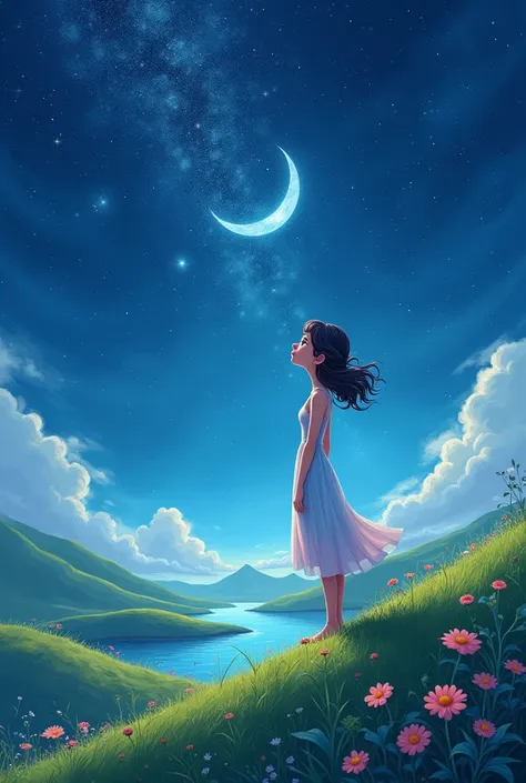 
1. Imagine Luna standing on a hilltop, gazing up at the starry night sky. To generate cartoon image 