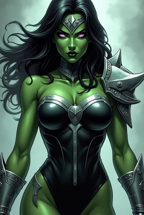 a female warrior with green skin and black hair. wearing black leotard with silver trim, and silver tiara and shoulder pads. She has narrow lavender colored eyes. Her figure is strong and curvy, with wide hips and large breasts. Her gaze is intense, with a...