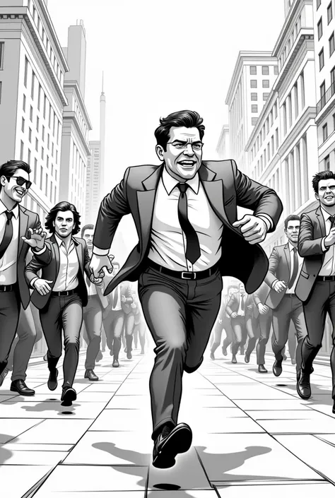 Billionaire running scared from people black and white cartoon illustration