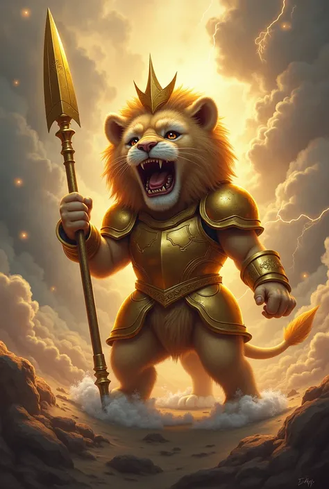 Baby lion in golden armor  ,With crown, roaring, Powerful, In the middle of the storm ,with spear, celestial