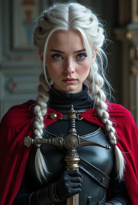 Ultra Realistic photography,
 Beautiful young woman with silver hair like white gold,  purple eyes, pale skin, with black armor ,  with a scarlet cape ,  braided hair ,  sword in hand. ( masterpiece,  Outstanding quality ,  super detailed)