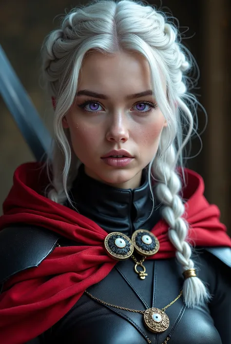 Ultra Realistic photography,
 Beautiful young woman with silver hair like white gold,  purple eyes, pale skin, with black armor ,  with a scarlet cape ,  braided hair ,  sword in hand. ( masterpiece,  Outstanding quality ,  super detailed)