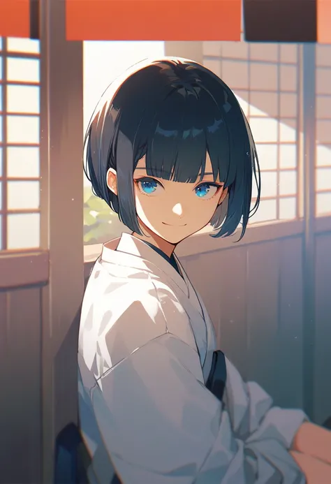 japanese, boy, bob cut, layered bob cut, black hair, short bangs, straight bangs, blue eyes, smiling