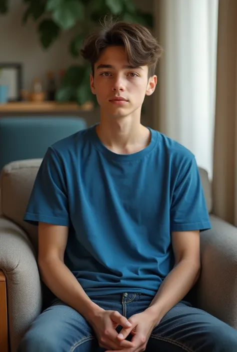 The person sit on chair with blue t shirt and person age 18 to 20 
