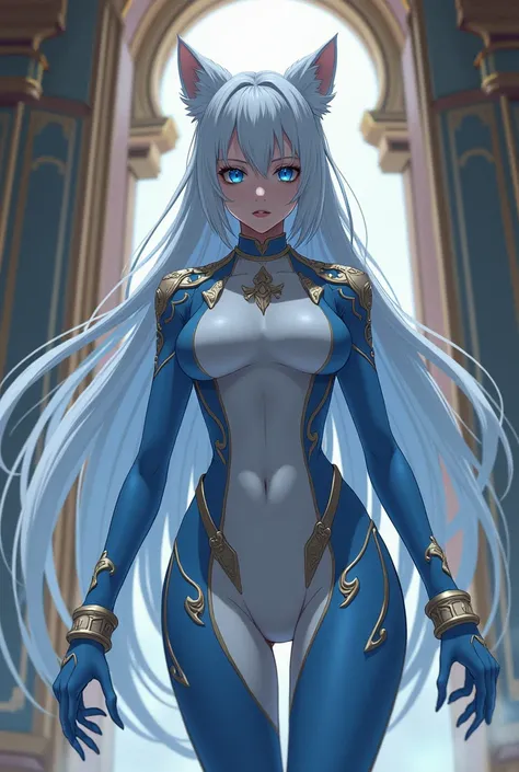  Beautiful wolf woman with sharp fangs , who wears a white and blue hunter suit , blue eyes, smiling face,  white hair tied to two anime that just entered the palace