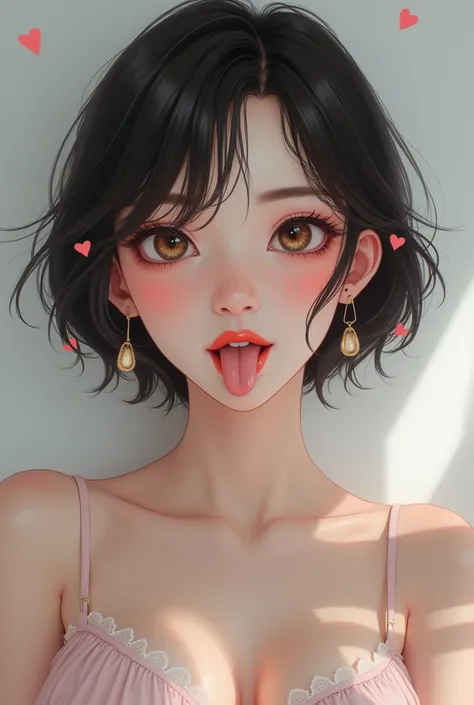 , big eyes, a narrow but long and pretty nose with a sunken nose, somewhat thick lips on the top and bottom, a small mole on the cheek, a pretty face, short hair, large chest, slim waist, and a tall Korean woman. Angelic image .  sexy feeling . Sexual pref...