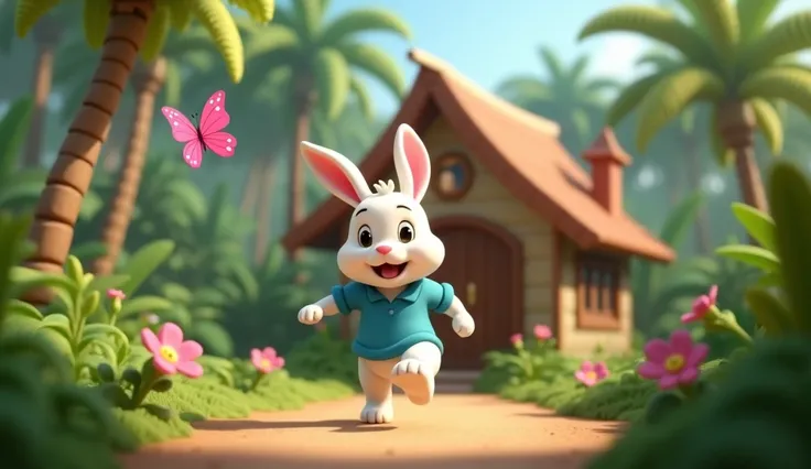  House in the jungle cute playful white rabbit in blue shirt,  playing in front of the house ,  saw 1 pink butterfly flying to . 3D cartoon disney pixar style