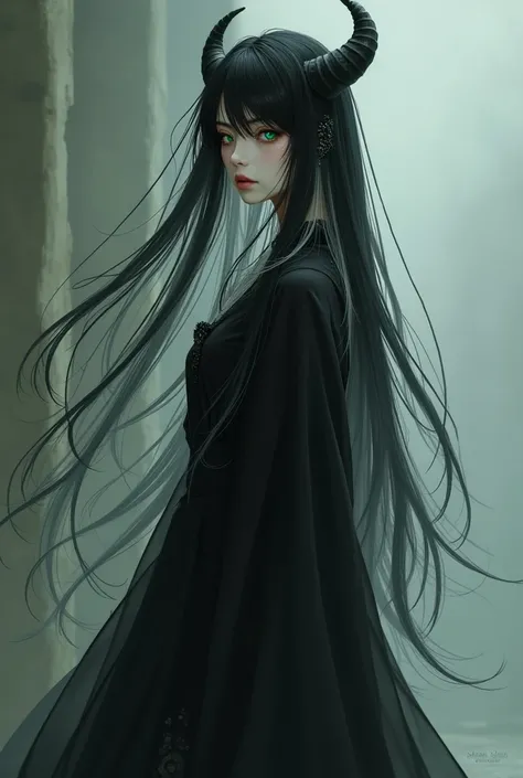 Tall girl with black hair with white locks and with a covered forehead,  green eyes, pale skin, elegant black dress , with black horns.  animated, 