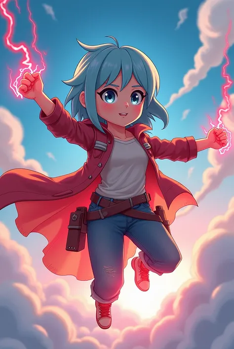  A girl drawn in the style of Star vs the forces of evil , clothes worn out from fighting short light blue hair ,  who is flying in the sky in a fighting pose while her red aura detonates her strength and her eyes shine white showing that she has great pow...