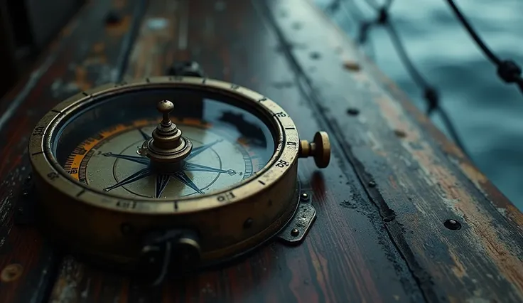 Prompt: "A cinematic close-up of a malfunctioning compass on a ships deck, with its needle spinning uncontrollably, UHD, realistic, dramatic lighting."