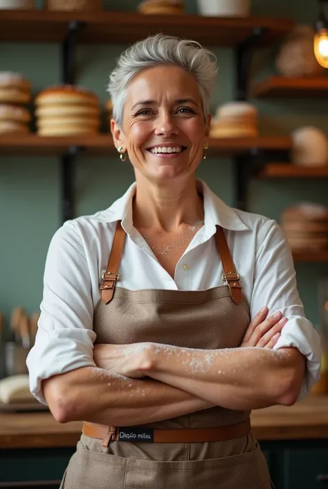 A great 25 years lady baker facing infront, and great background.