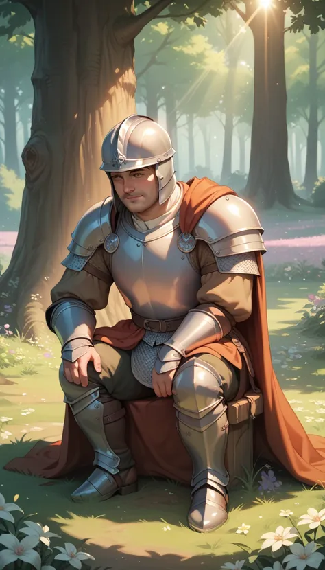 score_9, score_8_up, score_7_up, score_6_up, HRMN, HRMN, 1boy, fat, full armor, sitting on the ground, helmet on, medieval armor, arms resting on knees, bowed head, contemplative pose, forest background, daytime scene, sun rays filtering through trees, flo...