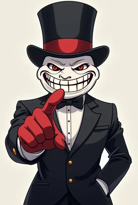 Make me an anime character, That he has the
 Face of the TrollFace of the meme ,  that the body is white and a single hand is red,  that in a mocking pose and with the finger down , for profile picture, Let him have an elegant suit and a top hat, that has ...