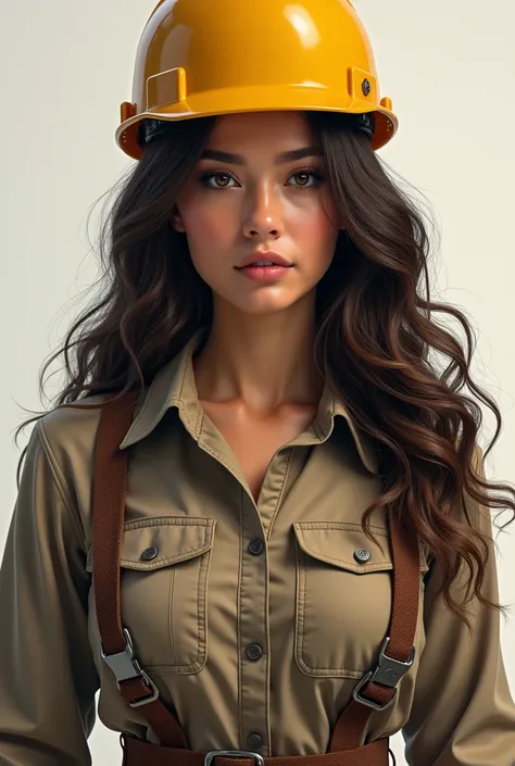 Beautiful girl with wavy long hair,wearing a hard hat and a engineer uniform HEAD TO TOE IMAGE
