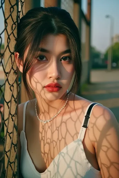 Gorgeous 25-year-old Korean woman is seen behind her back against a chain link fence , A warm bath , , golden light . , her facial expression is intense and focused  , , a sharp shadow flows across the face from the fence  ,  accentuates her appearance .  ...