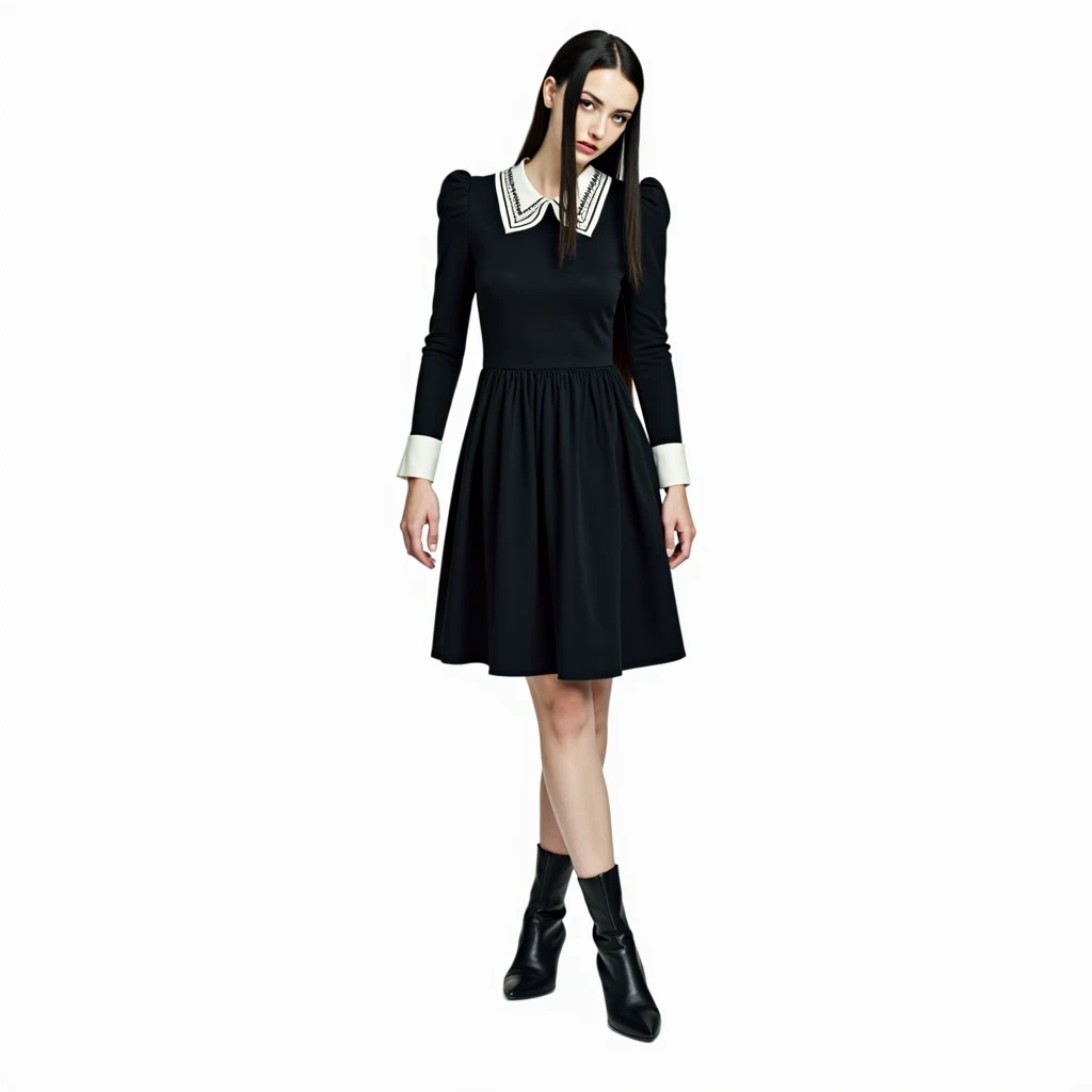 The image features a person wearing a black dress with long sleeves and a flared silhouette that expands from the waist down. The collar is white with decorative elements, and the cuffs are also white, adding a touch of elegance. 

The hairstyle appears to...