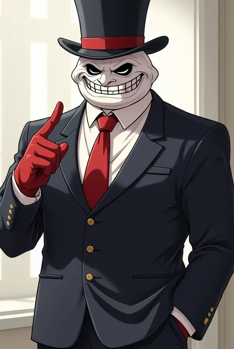 Make me an anime character, That he has the
 Face of the TrollFace of the meme ,  that the body is white and a single hand is red,  that in a mocking pose and with the finger down , for profile picture, Let him have an elegant suit and a top hat, that has ...