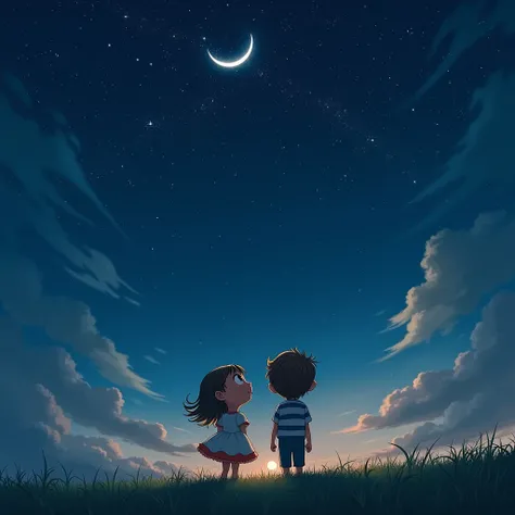 A girl and a boy watching in the sky at night with a beautyful stars and moons