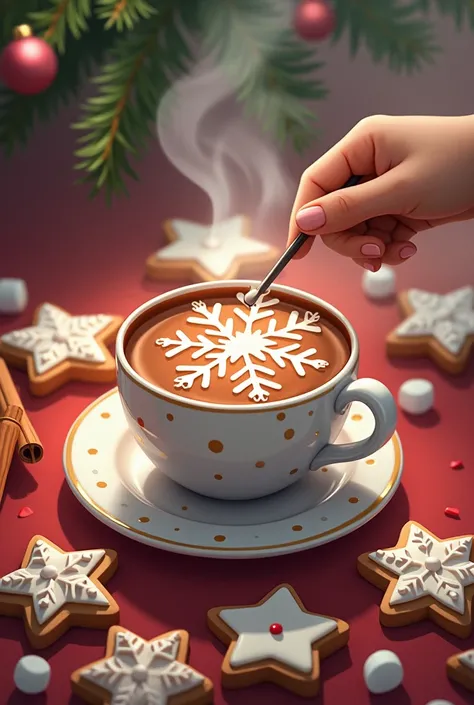 This image contains、 Hot chocolate in a cup with a colorful design is drawn。 latte art in the shape of a snowflake is applied on the top of the cup 、 cinnamon sticks and marshmallows are attached 。The cup is placed on a patterned plate and 、 cookies with s...