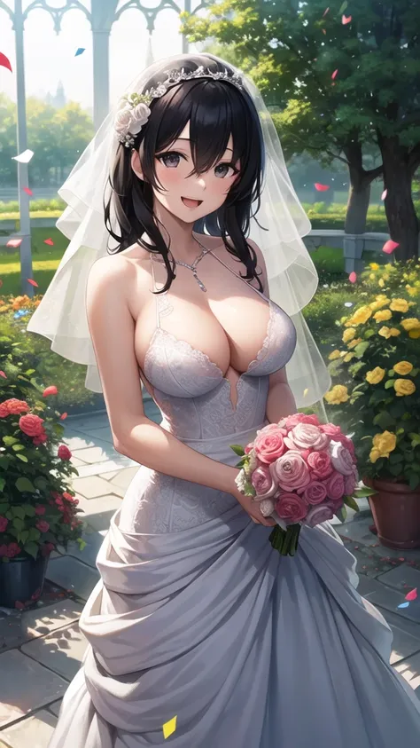 masterpiece, best quality, high quality, girl, solo, looking at viewer, cid_kagenou, black hair, black eyes, hair between eyes, large breasts, wedding Dress, standing, garden, confetti, holding bouquet, smile, open mouth,