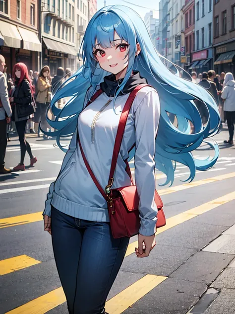 (​masterpiece、top-quality、hight resolution、Unity 8k、extremely details CG:1,Best Picture),((Light blue hair)), red eyes, Upper body, "A modern urban setting, a young woman wearing a casual outfit consisting of a hoodie, jeans, and casual sneakers, standing ...