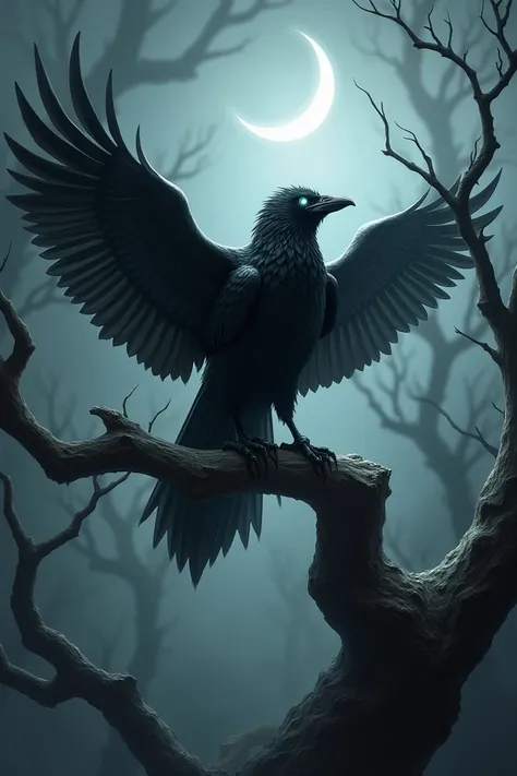 "A dark, ominous crow with shadowy wings spread wide, perched on a twisted, ancient branch under a crescent moon. The birds eyes glow faintly, exuding a mysterious, magical aura. The background is shrouded in mist and silhouettes of barren trees, emphasizi...