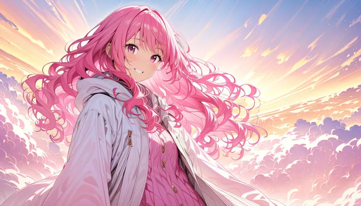 (masterpiece, Highest quality, Official Art:1.2), Turning around and looking at the audience, One Girl, alone, (pink long hair, layered hair) and (pink eyes), Wearing a white hoodie, Sky Background, spreading clouds, Ultra-fine illustrations, highly detail...